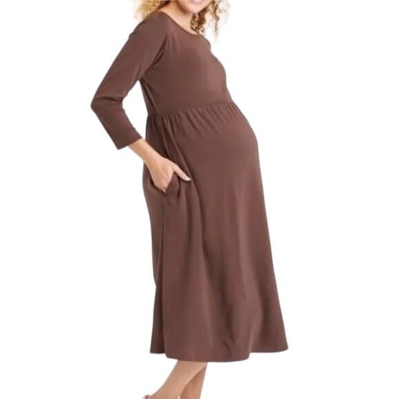 Isabel Maternity Brown 3/4 Sleeve Round Neckline Midi Dress Stretchy Comfy  Knit - Picture 1 of 16